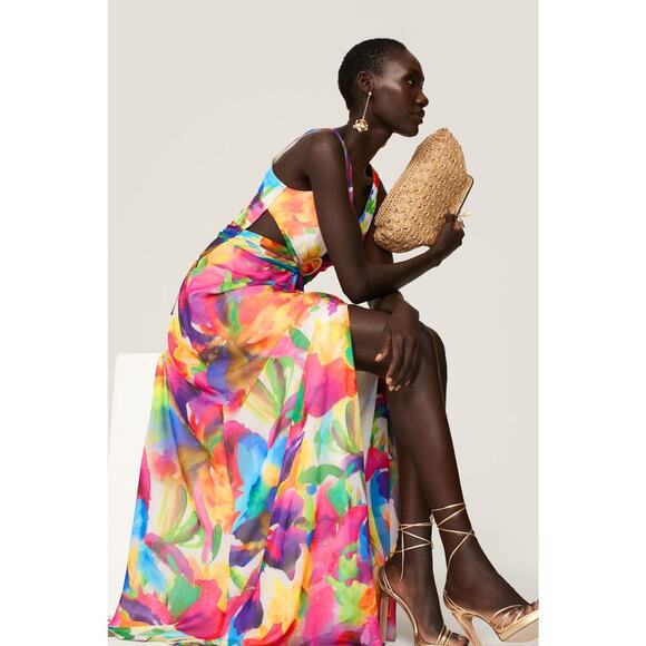 LIV FOSTER Tie Dye Multicolor Floral Abstract Side Cutout A-Line Gown Size 10 - Picture 7 of 16